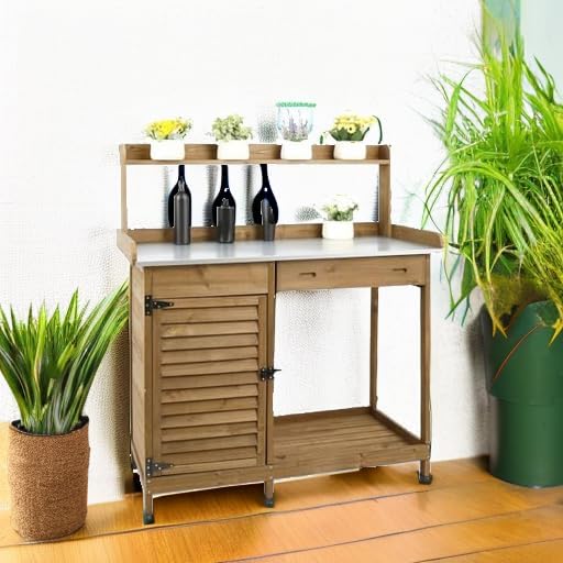 Garden Potting Benche Table Outdoor Wooden Work Station W/Metal Table top,Cabinet,Drawer,Large Bottom Shelf,Open Shelf Natural Wood-Brown-Brown