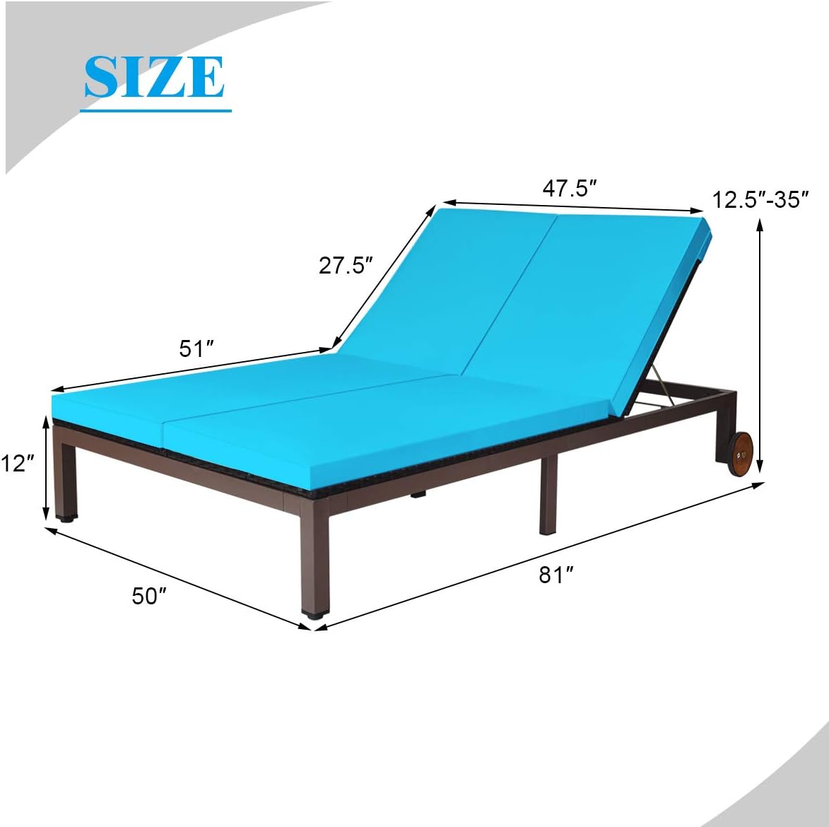 Tangkula 2-Person Patio Lounge Chair, Outdoor Rattan Double Wicker Daybed Chaise Lounge Chair with Adjustable Backrest Wheels & Cushion, Patio Sofa for Garden Lawn Backyard (Turquoise)