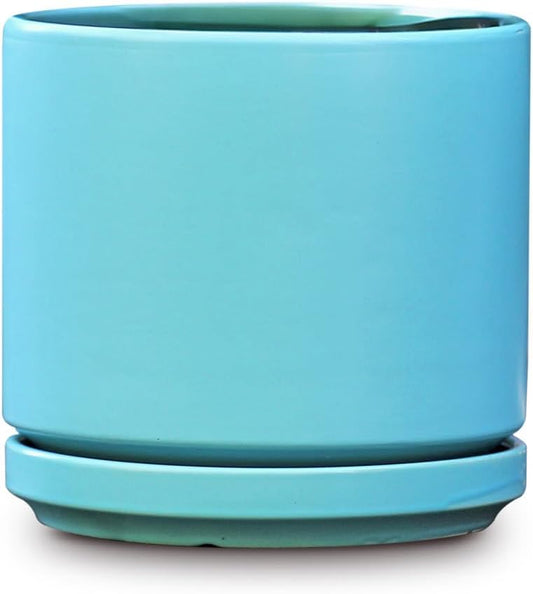 Mid Modern Planter with Detached Saucer (Aqua Marine Satin,10.0" D x 9.0" H)