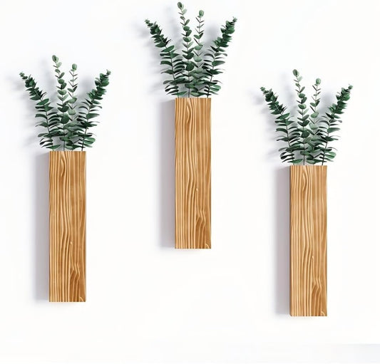 Wall Planters for Indoor Plants, Wood Wall Planter Vase Wall Decor for Living Room, Decorative Vases for Dried Flowers, Brown