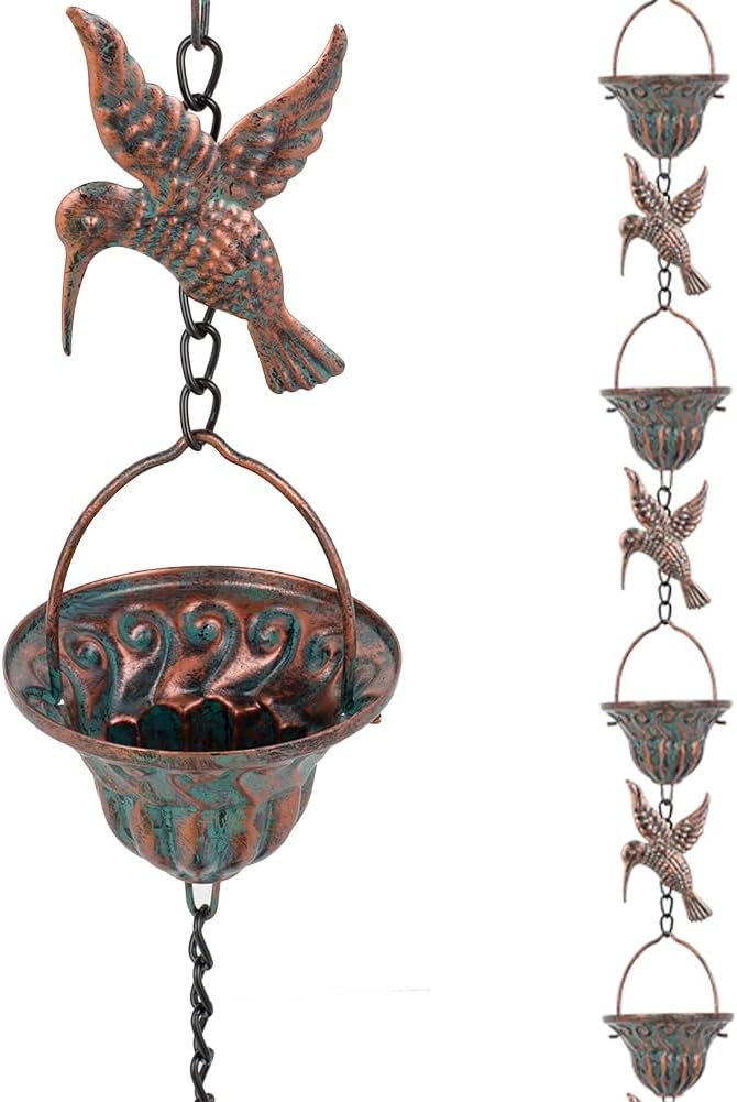Rain Chain for Gutters, 8.7 Ft Rain Chains with 12 Cups & Detachable Hummingbird Decor, Adjustable Rain Catcher Chain with Bell for Eaves Drainage, Replacement for Downspout