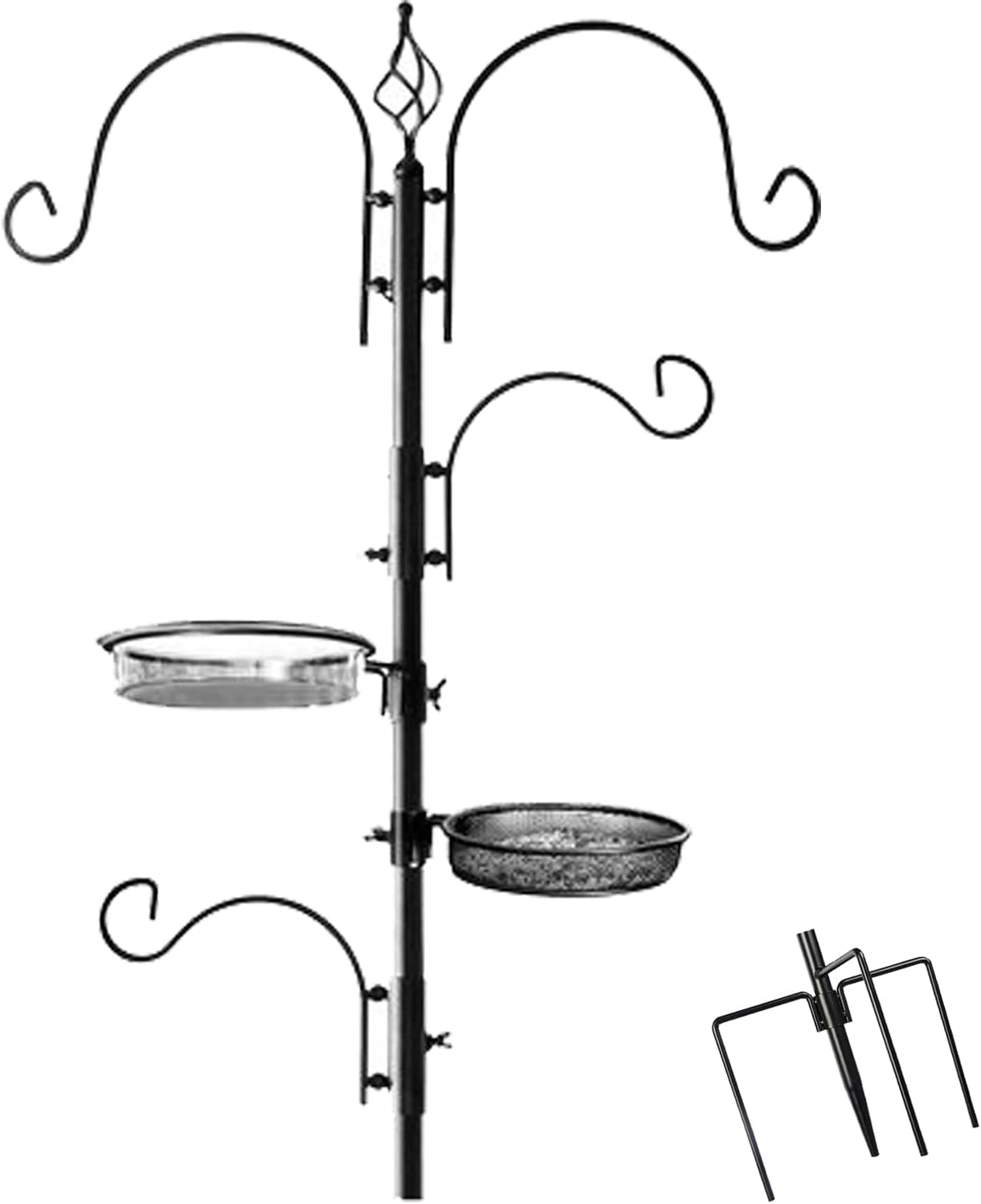 Ashman Deluxe Bird Feeding Station (4 Pack) Bird Feeders for Outside - Multi Feeder Pole Stand Kit with 4 Hangers, Bird Bath and 3 Prong Base for Attracting Wild Birds - 22 Inch Wide x 92 Inch Tall.
