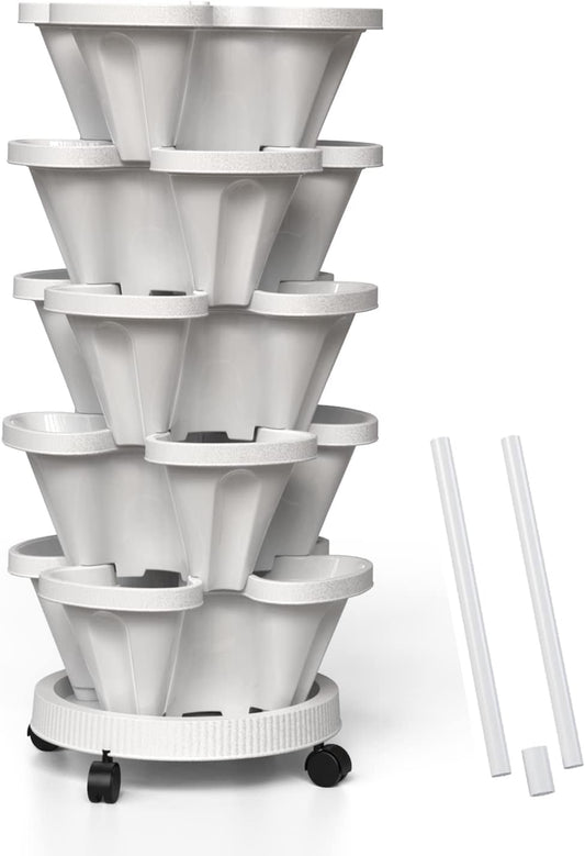 Strawberry Vertical Planters, 5 Tiered Stacking Tower Garden with Support Pole, Stackable Herb Vegetable Planters Indoor and Outdoor - White