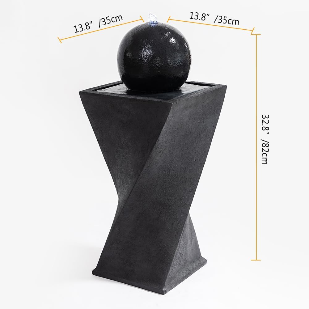 Black Sphere Water Fountain Outdoor –Unique Rotating Curve Design，Modern Zen Water Fountain for Garden, Patio, Indoor Floor Standing Decor,32.28'' Tall (Black)