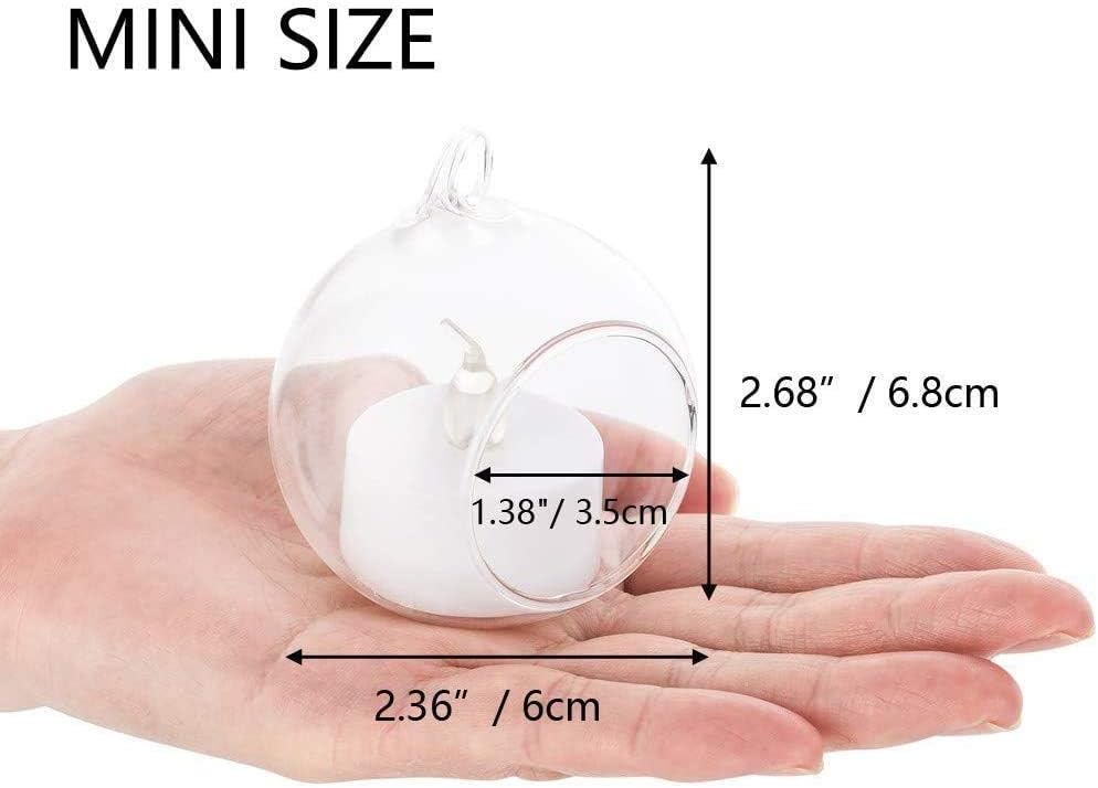 Sziqiqi Hanging Glass Globes Orbs Tea Light Candle Holders with Flameless LED Tealight for Wedding Ornaments, Wedding Birthday Christmas Party Centerpiece Accessory 2.36inch 10pcs +2 Extra