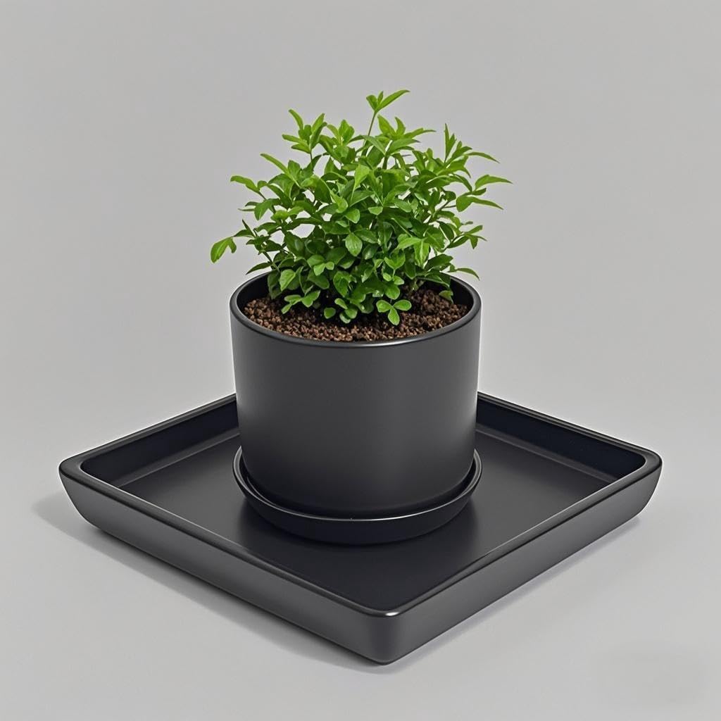 Square Plant Saucer 10 Inch 1 Pack，Plant Trays for Pots, Black Ceramic Plant Saucers for Indoors Outdoors, Plant Drip Tray 4 6 8 10 12 14 Inch