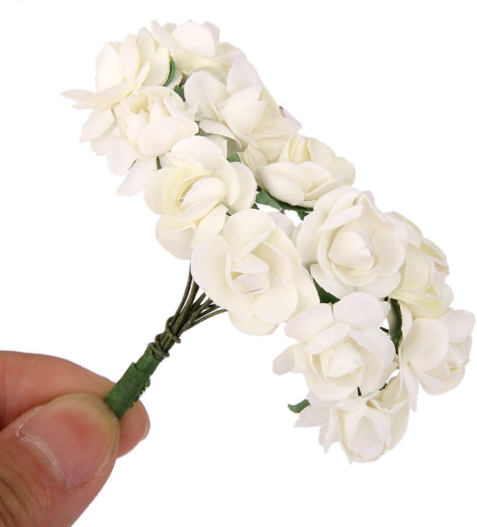Mini Fake Rose Flower Heads 144pcs Mini Artificial Mulberry Paper Roses Flower with Wire Stem DIY Wedding Flowers Accessories Make Bridal Hair Clips Headbands Dress (Cream)