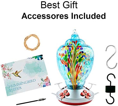 WOSIBO Hummingbird Feeder for Outdoors Patio Large 32 Ounces Colorful Hand Blown Glass Hummingbird Feeder with Ant Moat Hanging Hook, Rope, Brush and Service Card (Blue-Firework)