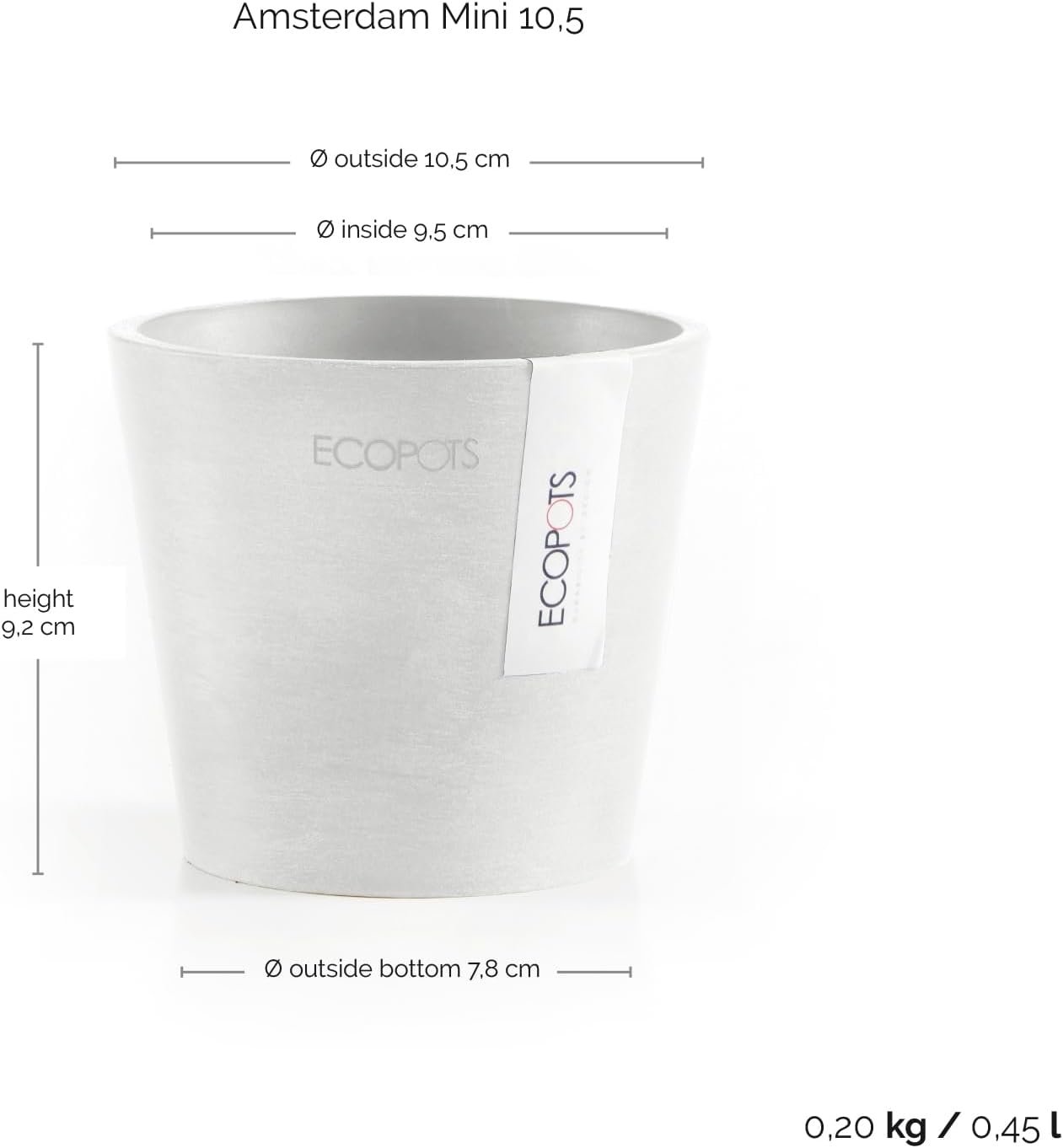 Ecopots Amsterdam Mini Durable Modern Round Recycled-Based Composite Flower Pot Planter, Pure White, 4"