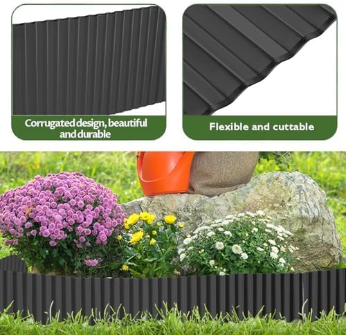 Landscape Edging Border 10in x 20ft- Corrugated Metal Garden Edging-Lawn Edging Borders-Galvanized Edging Long Strips Yard Border for DIY Flower Beds, Plants, Walkways-Black