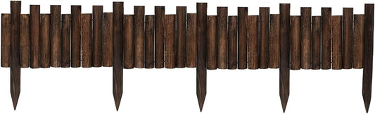Worth Garden Wooden Staggered Short Fence - 8 in. H. x 3.7 ft. L. Burnt Wood Finish Outdoor Landscape Edging Flexible Decorative Border - Garden Yard Flower Bed Tree Fence - Stakes 4 in. Height
