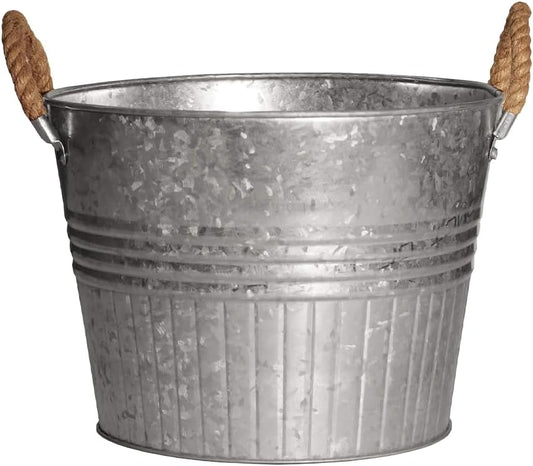 Headwind Round Galvanized Bucket w/Rope Handles – 8 Inch Metal Tub Bucket Planter for Outdoor Plants with Drainage Hole – Galvanized Large Outdoor Planters Buckets by Robert Allen
