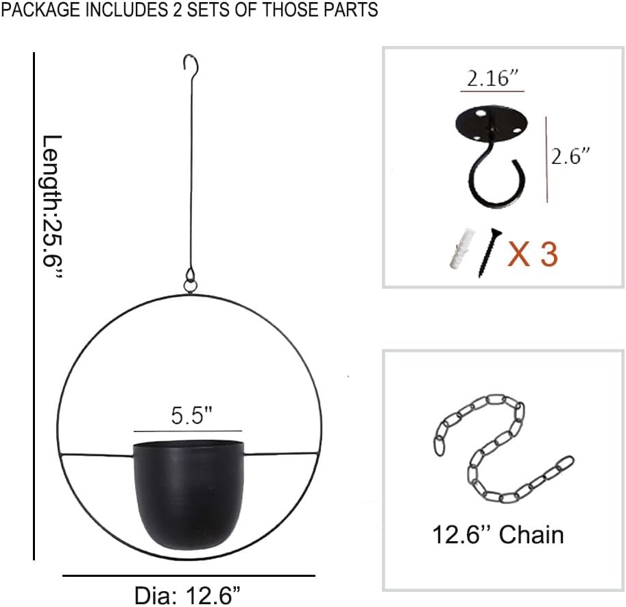 2 Pcs Hanging Planters for Indoor and Outdoor Plants with Hooks and Chains, Metal Modern Wall Ceiling Planter Hangers Minimalist Flower Pot Holder Basket for Home Decor(Black)