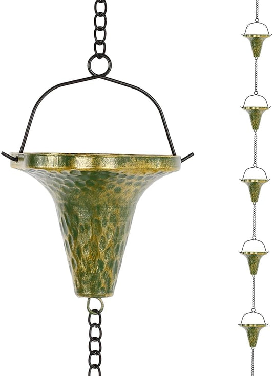 9.7ft Rain Chain, Rain Chain for Outside with 10 Funnel Shaped Cups Adjustable Metal Chain Rain Catcher Chain for Gutters, Eaves, Drains, Replacement Downspouts (Green)