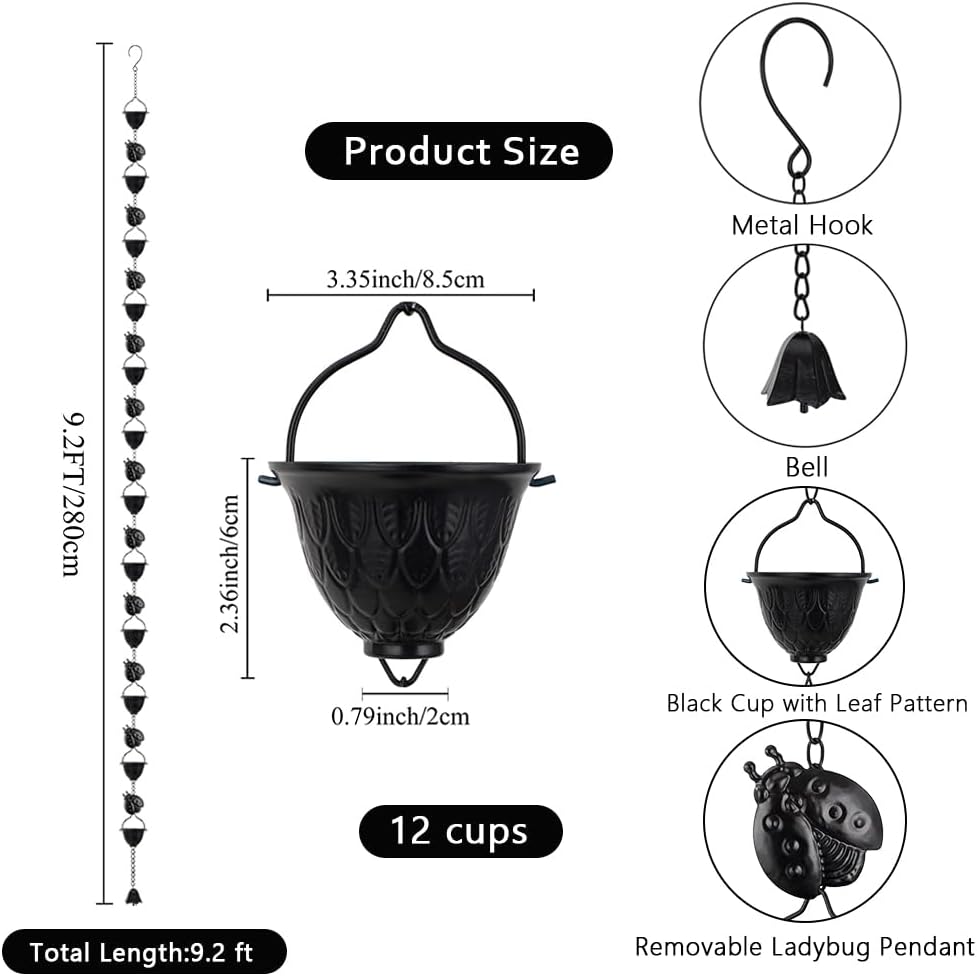 9.2 FT Rain Chain, Black Rain Gutter Chains with 12 Cups & Detachable Ladybugs Decor, Adjustable Rain Catcher Chain for Outddor Decor, Replacement for Downspout