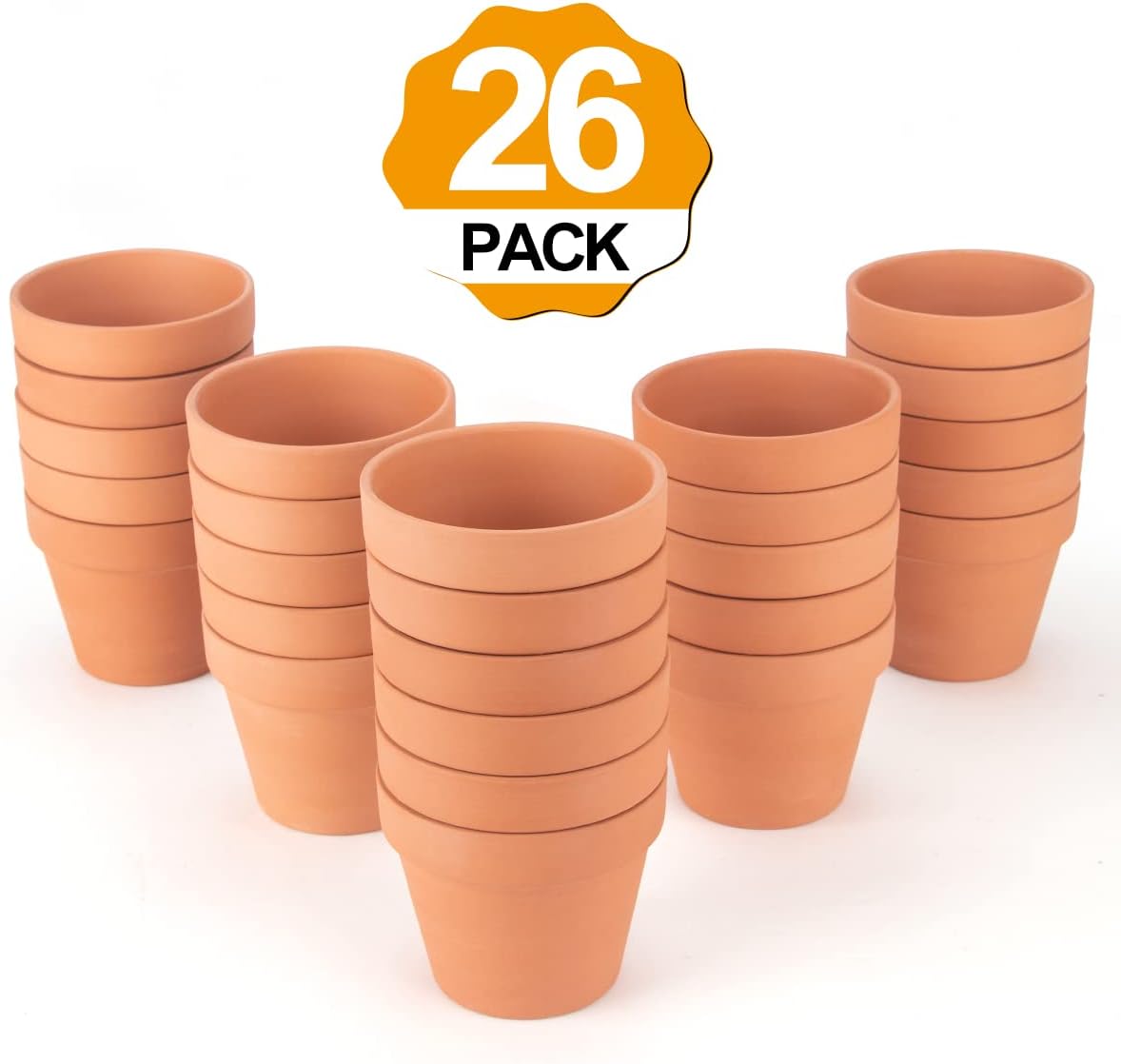 CFKJ 26 Pack 4" Terracotta Planter Pots, Clay Succulent Pots, Indoor, Brown, Solid, Classic Style, Drainage Hole, Tabletop, Plant Theme