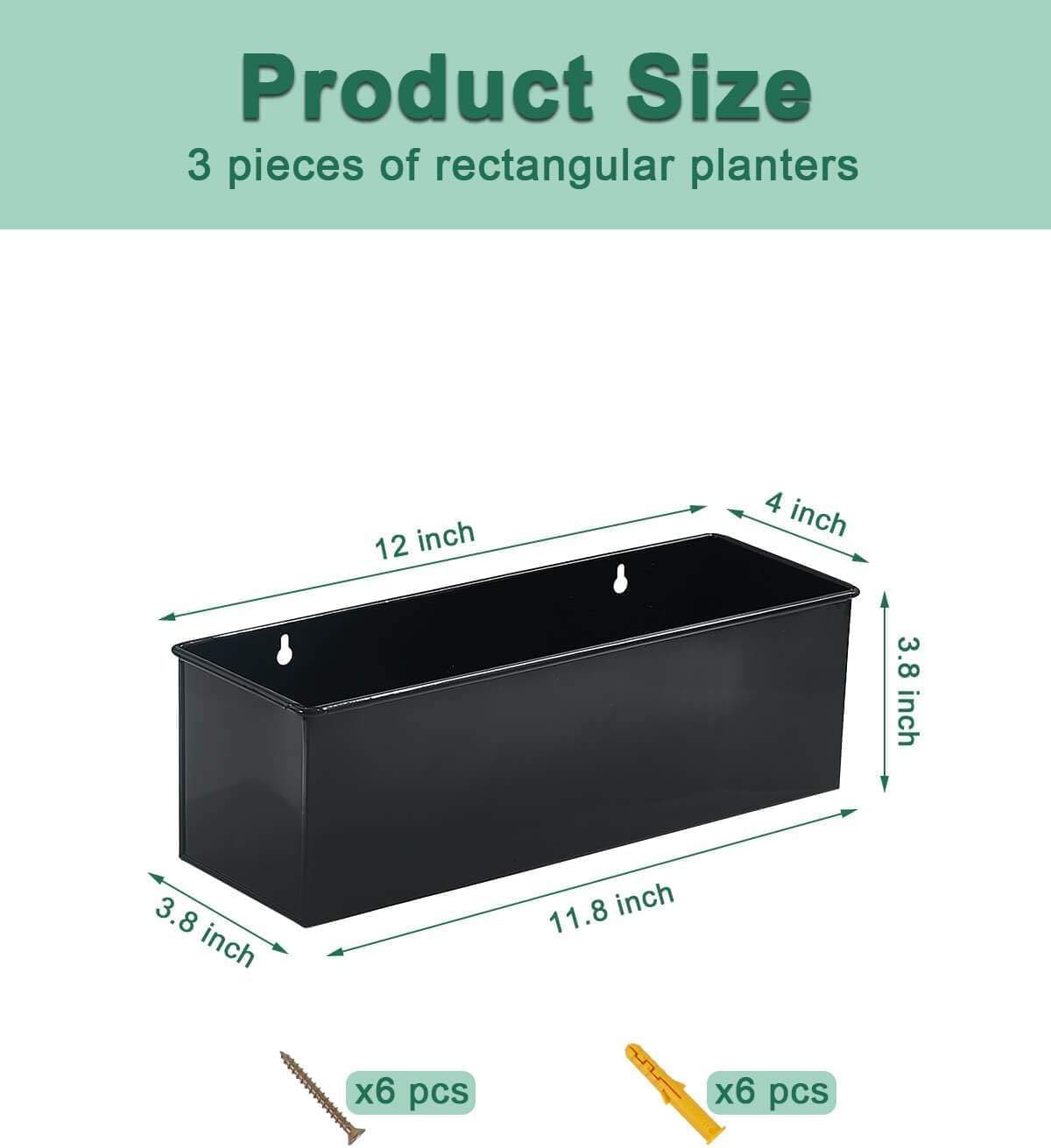 vensovo Metal Wall Hanging Planter Boxes – 12" Rectangle Flower Pots, 3 Pack with Drainage, Durable Galvanized Finish for Indoor Outdoor Balcony Fence Windowsill, Black