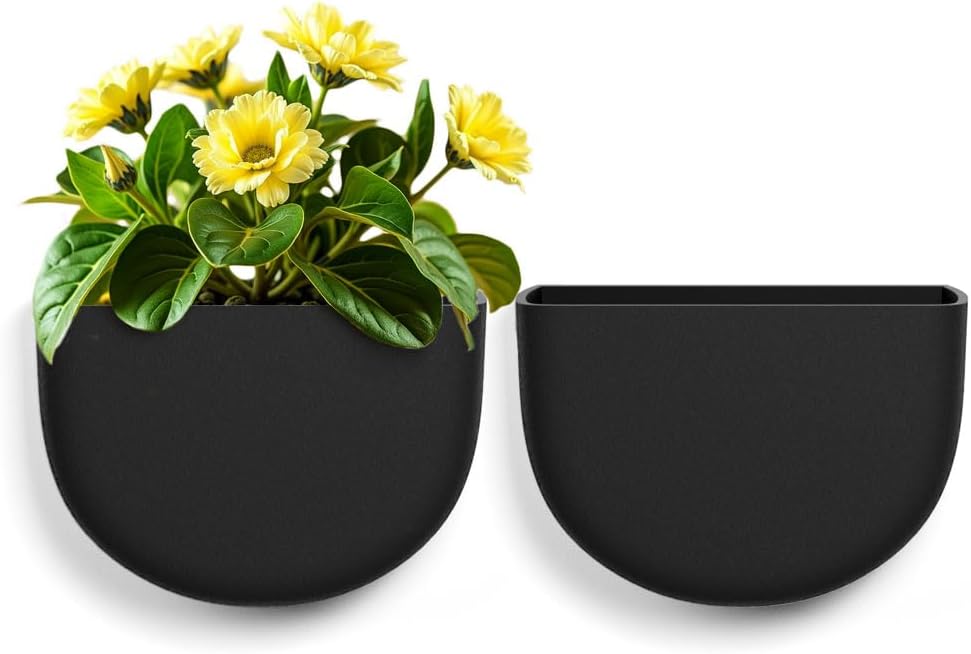 2 Pack Wall Hanging Planter Pots for Indoor and Outdoor Plants, 7 Inch Half-Moon-Shaped Plastic Wall Planter, Wall Mounted Succulent Planters (Black)