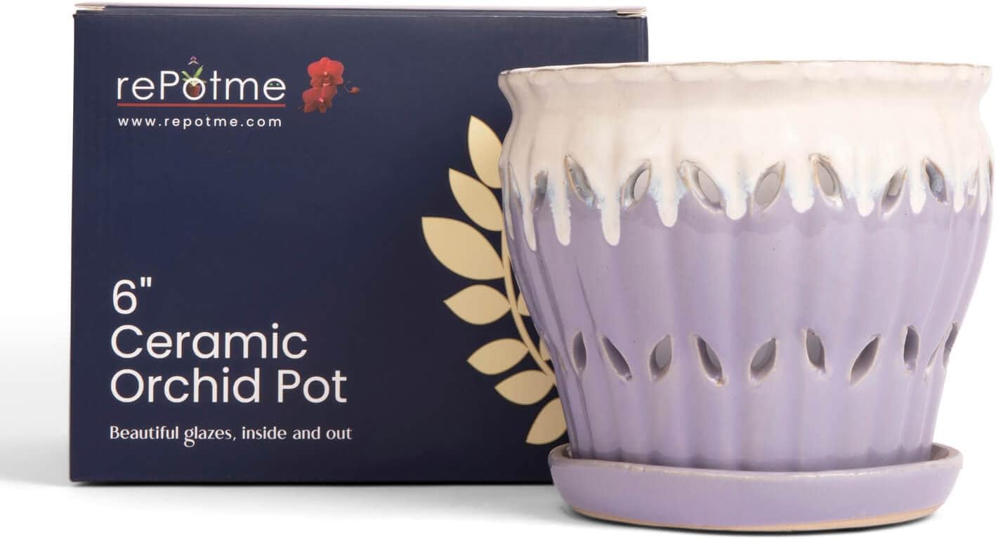rePotme 6" Pinwheel Fluted Ceramic Plant Pot (Cream Over Lavender) - Includes Free 6 inch Slotted Pot Liner - Great for Orchids, Succulents, and All Indoor Plants