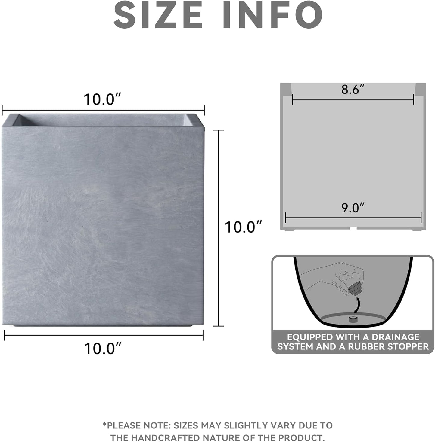 Kante 10 Inch Square Concrete Planter for Outdoor Indoor Home Patio Garden, Large Plant Pot with Drainage Hole and Rubber Plug, Slate Gray