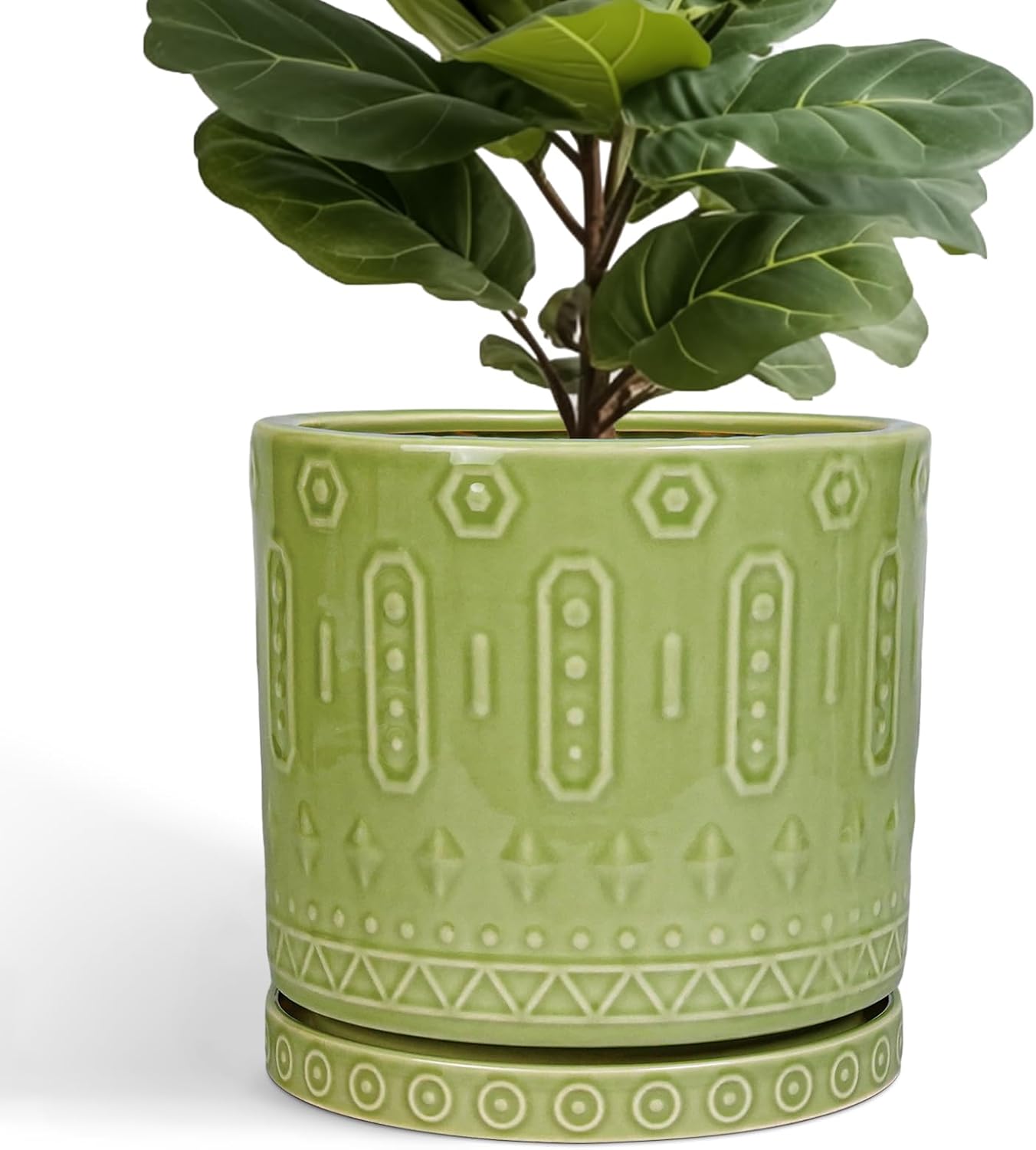 Ceramic Planter - 12 Inch Pots for Plants Indoor Outdoor, Round Large Flower Pots with Drainage Hole and Saucer, Decorative Boho Planter, Home Office Decor, Plant Lover Gifts, Green