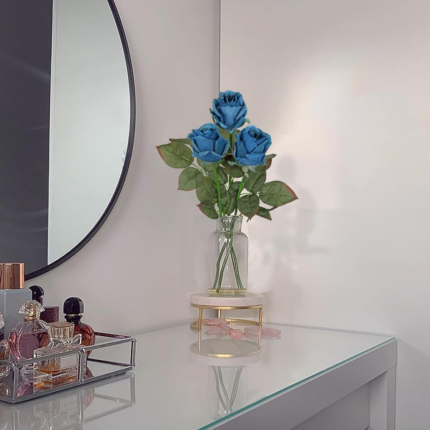 Artificial Realistic Roses Blue Flowers 24" Real Touch Silk Roses Bouquet Long Stems Rose Fake Roses Decor for Home Party Wedding Table Centerpieces Roses Realistic - 5 Pcs