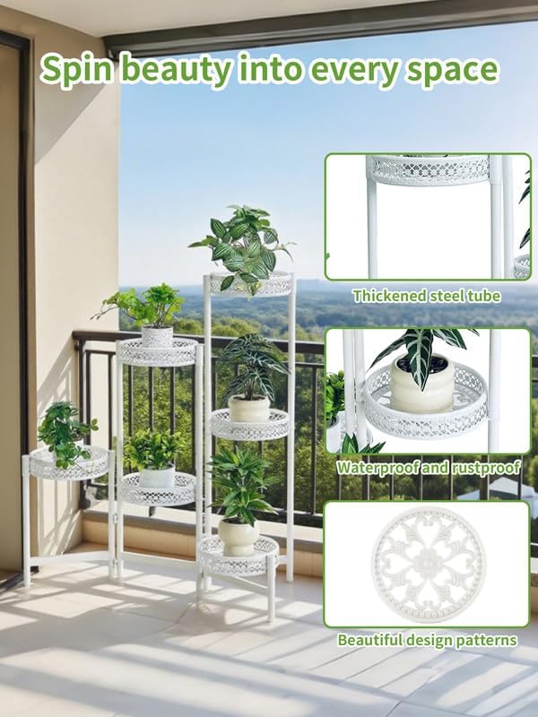 6 Tier Metal Plant Stand, 6 Potted Multiple Flower Pot Holder Shelf, Indoor&Outdoor Folding Planter Display Shelves for Patio Garden, Living Room, Corner Balcony, Bedroom - WhiteWave