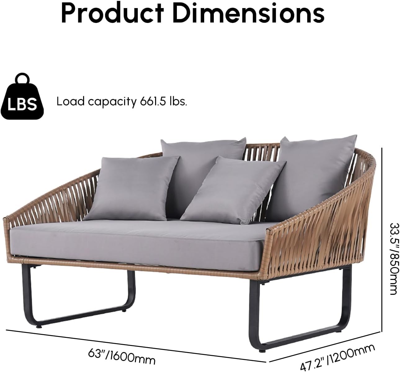 homary Rattan Patio Outdoor Daybed, Rattan Day Bed with Cushion Pillow & Aluminum Frame Sunbed Sofa Set Patio Loveseat,Gray