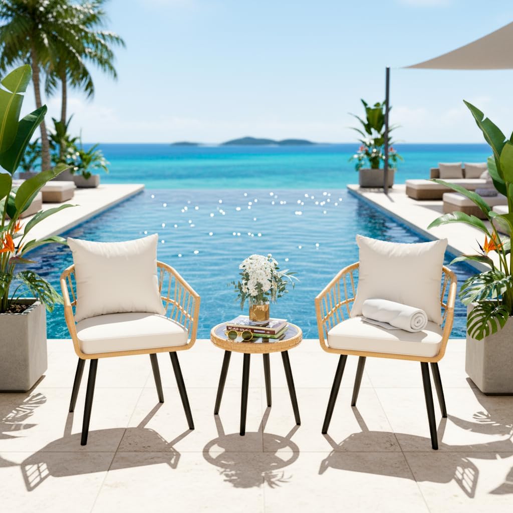 3 Pieces Patio Bistro Set, Outdoor Wicker Table and Chairs Set of 2, Rattan Balcony Furniture Set with Cushions for Front Porch Apartment Backyard Deck