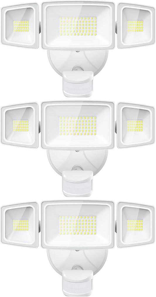 Onforu 3 Pack 65W LED Motion Sensor Outdoor Lights, Security Light Motion Outdoor Flood Light Fixture Detection Detector, 3 Adjustable Heads 6500LM 6500K IP65 Waterproof Exterior Garage Yard (White)