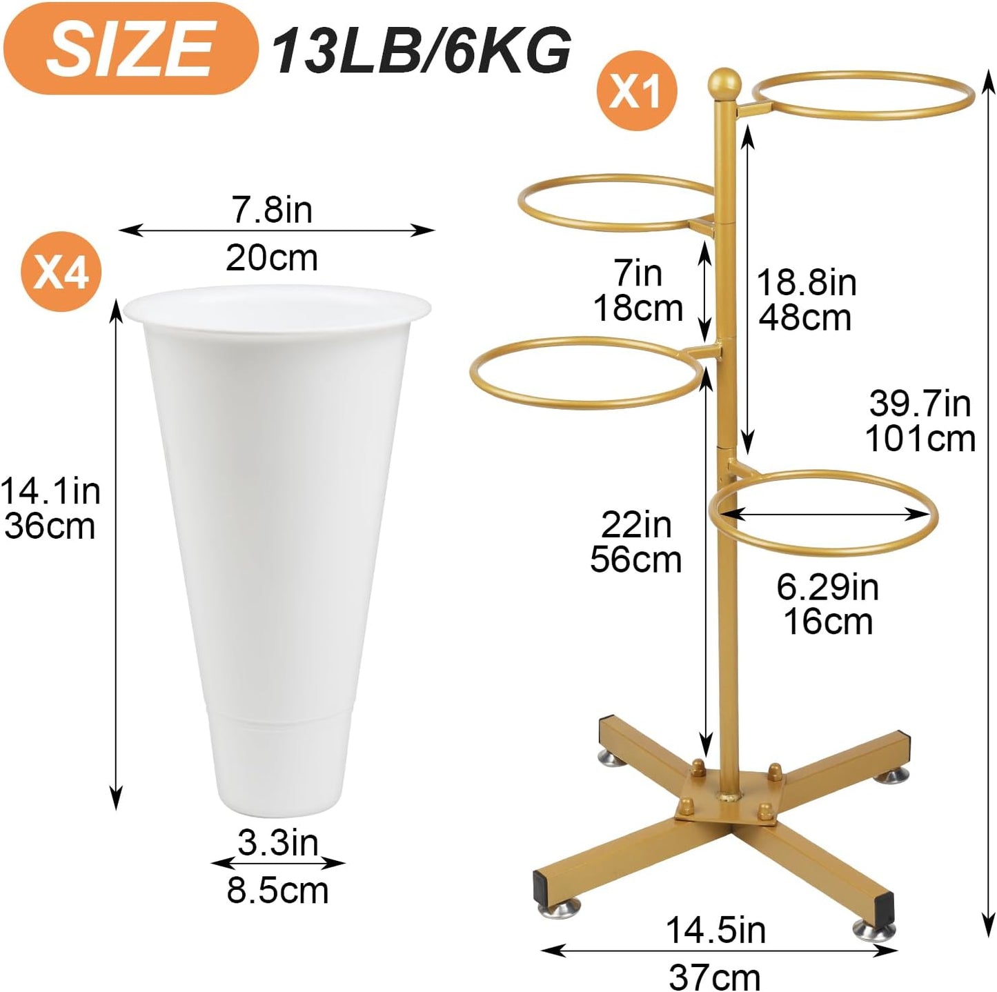 Flower Display Stand with 4 Bucket,Floral Stand with Foldable Frame for Silk Fresh Flowers,4 Tier Florist Shelf Plant Cart for flower shop Garden Living Room,Easy to Install (Gold Shelf+ White Bucket)