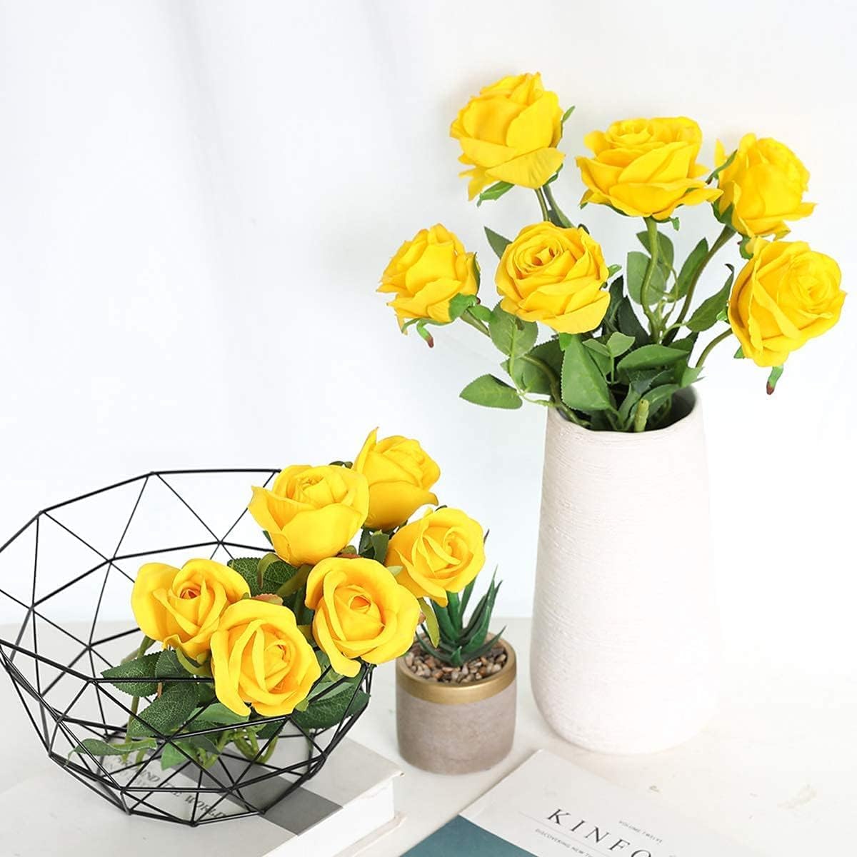 Yellow Fake Roses Artificial Flowers - 10 Pcs Fake Artificial Roses Silk Flowers with Stems for Home Wedding Hotel Office Centerpiece Decor