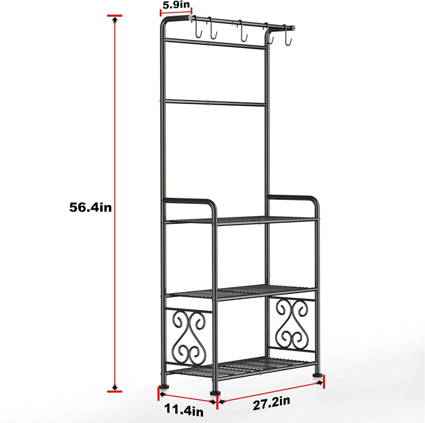 Plant Stand Indoor Outdoor Heavy Duty Metal - 56.4" Tall 3-Tier Shelf for Multiple Plants, Flowers, Rustproof Black Storage Rack for Patio, Balcony, Living Room, Garden, Includes Hooks&Adjustable Feet