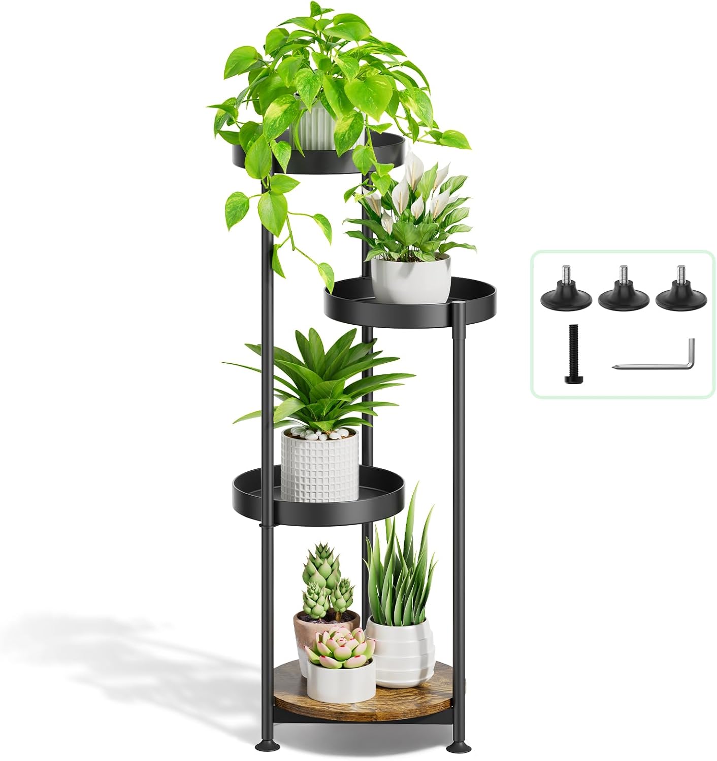 Plant Stand Indoor Outdoor Clearance, 4 Tier Metal Tall Flower Shelf Holder, Multiple Plant Round Corner Rack Organizer Display for Patio Orchid Office Porch Living Room Garden Balcony, Black