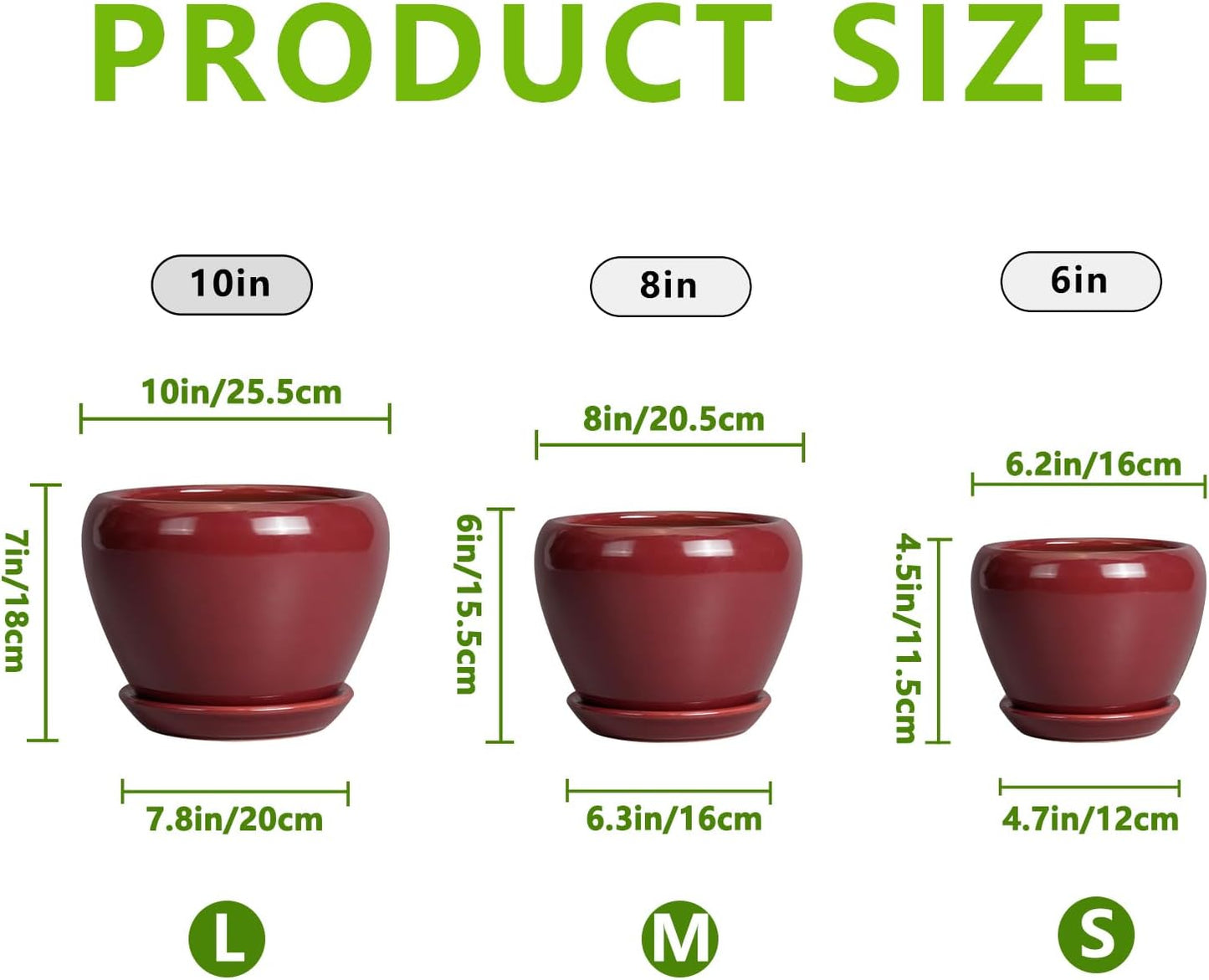 Ceramic Pots for Plants - 10 Inch 8 Inch 6 Inch Plant Pots with Drainage Holes and Saucers Large Planters for Indoor Plants Decorative Outdoor Flower Pots Set of 3 Red