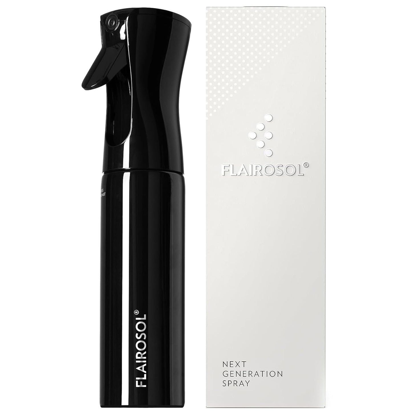 FLAIROSOL Spray Bottle for Hair, Continuous Spray Bottle with 0.3MM Ultra Fine Mist, Water Mister for Hairstyling, Cleaning, Plants, Pets, 10.1oz/300ml, Black Bottle, White Print