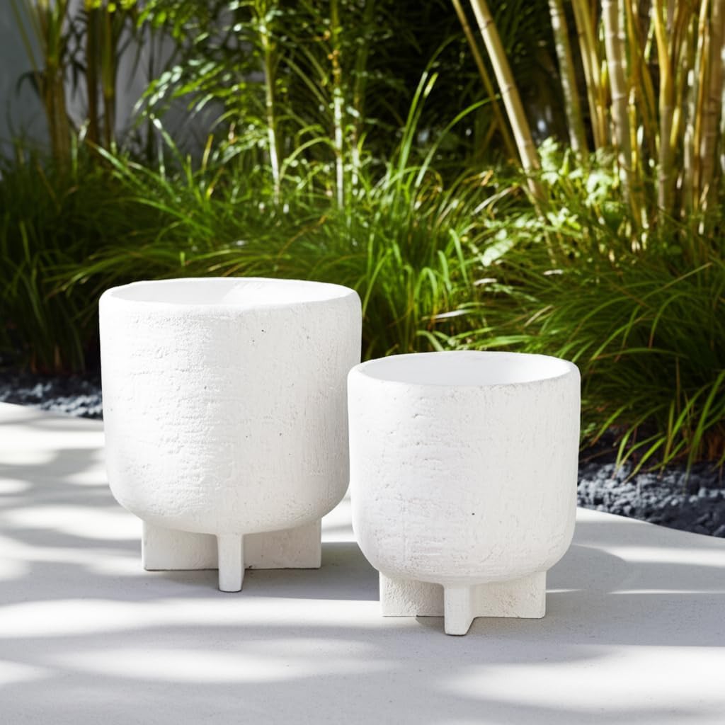 Decorative Ceramic Flower Pots for Home Decor – Planters with Textured Finish for Indoor and Outdoor Plants – Modern Pedestal Plant Pots for Garden, Patio, or Room Decor; Set of 2 – 8", 6" White