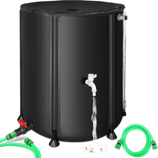 53 Gallon Collapsible Rain Barrel, SKM Portable Rain Water Collection Barrel for Garden/Outside/Lawn, PVC Rainwater Collection System Water Tank Storage Container with Spigots & Overflow Kit, Black
