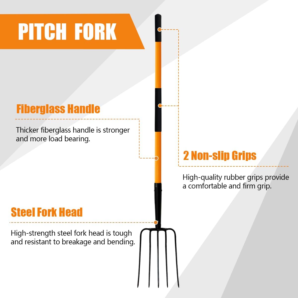 Pitch Fork for Gardening, 5 Tine Pitchfork Heavy Duty with Fiberglass Handle, 58 Inches