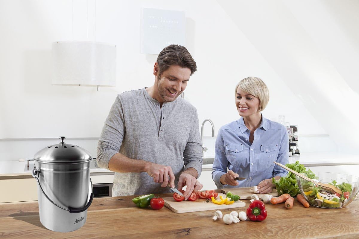 Abakoo Compost Bin 304 Stainless Steel Kitchen Composter Waste Pail Indoor Countertop Kitchen Bin Pail - Includes 4 Filters (1.3 Gallon)