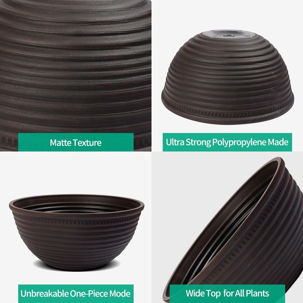 2 Pack 10 Inch Plant Pots,Durable Decorative Flower Pots Planters with Drainage Hole for Indoor and Outdoor Plants,Flowers,Succulents, Brown