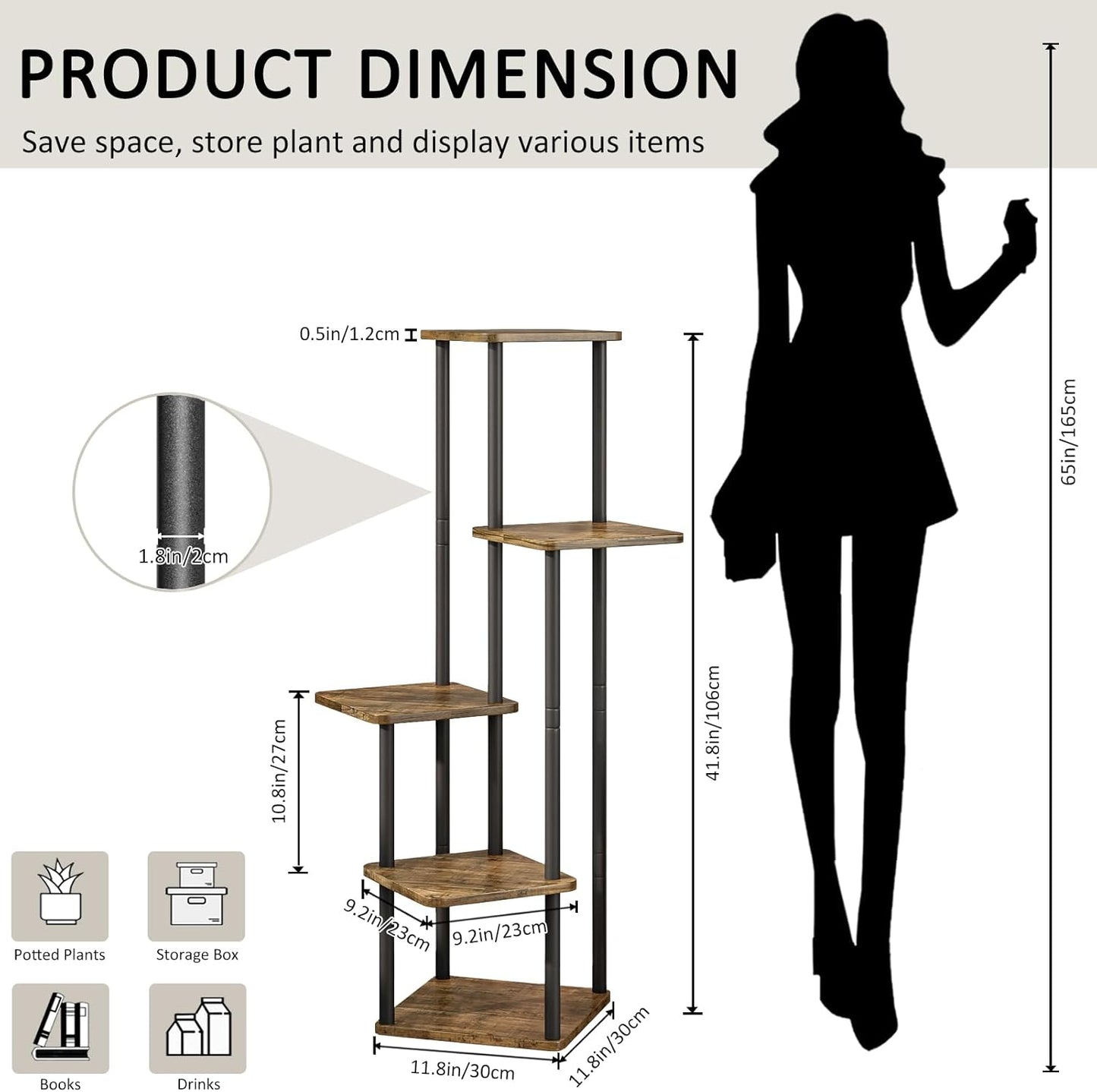 5 Tier Wood Tall Plant Stand Metal Rack Indoor, Multiple Flower Pot Holder Shelves Corner Rack, Planter Shelf Display Rack Storage Organizer for Patio Living Room Balcony Garden(Black)