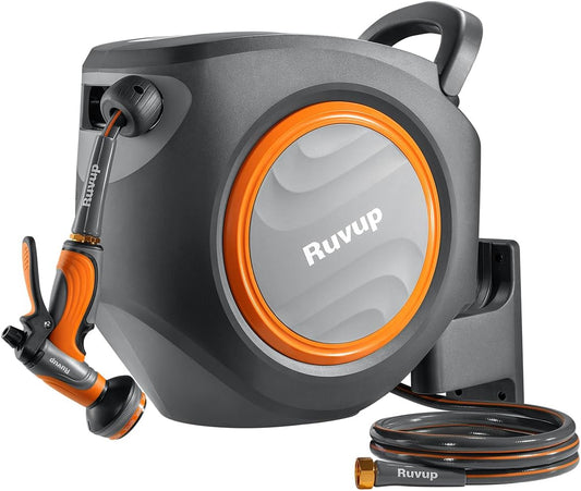 Ruvup Retractable Garden Hose Reel, 5/8in x 100ft Water Hose Reel with Metal Bracket, UV Resistant Automatic Hose Reel Wall Mount for Outside, Slow Retraction Any Length Lock 10 Spray Nozzle