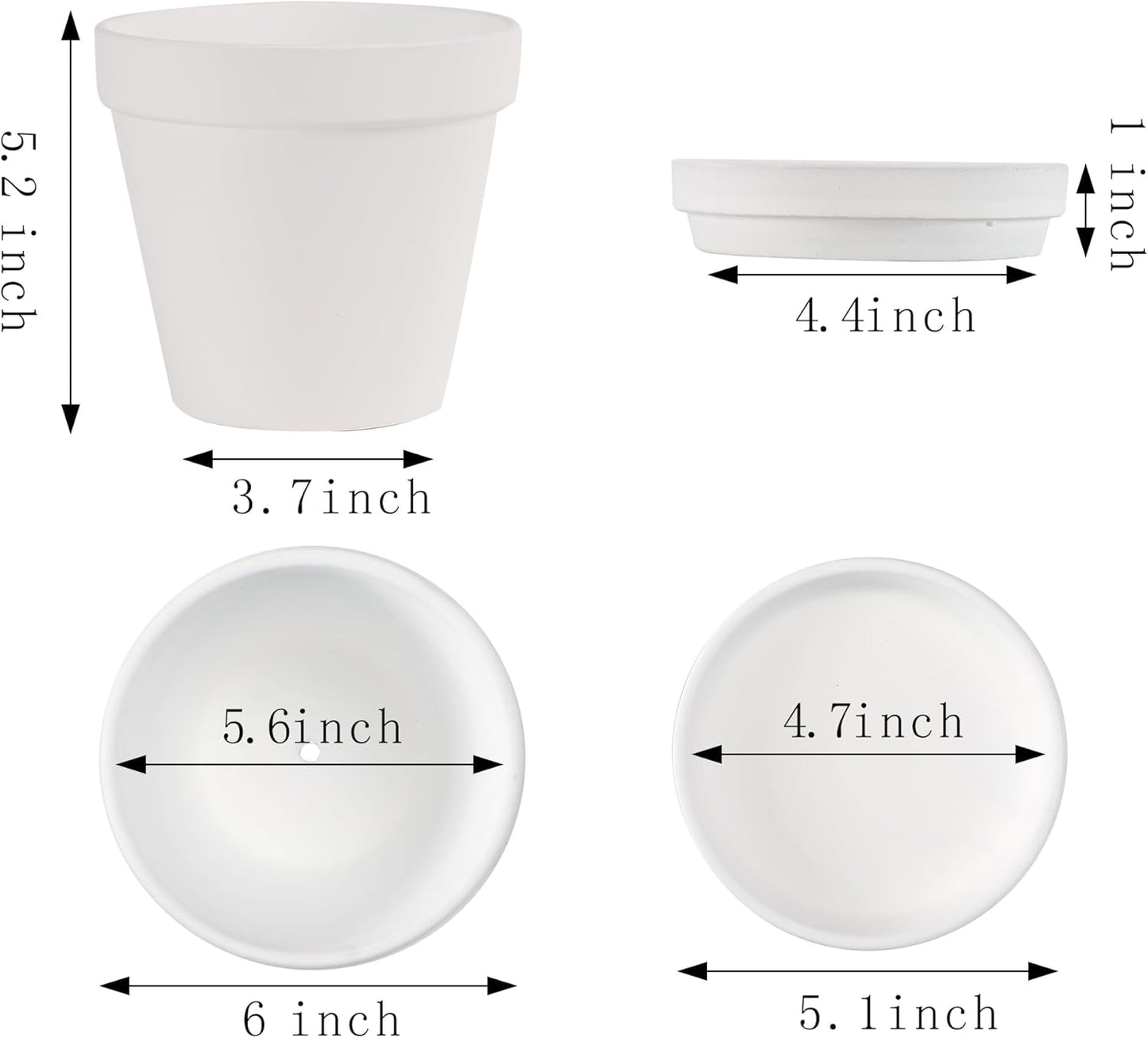 Yishang Large Terra Cotta Pots with Saucer- 4 Pack Large 6'' Terra Cotta Plant Pot with Drainage Hole, Flower Pot with Tray, Terracotta Pot for Indoor Outdoor Plant(White)