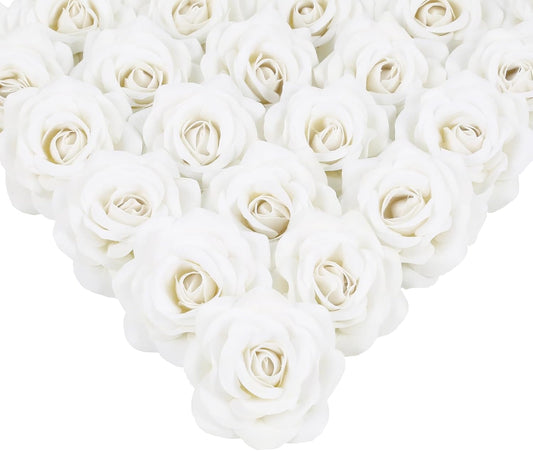 White Roses Artificial Flowers 25pcs Velvet Silk Rose Flowers Heads Fake Rose Flower Head with Stem for DIY Wedding Home Party Baby Shower Decor(White)