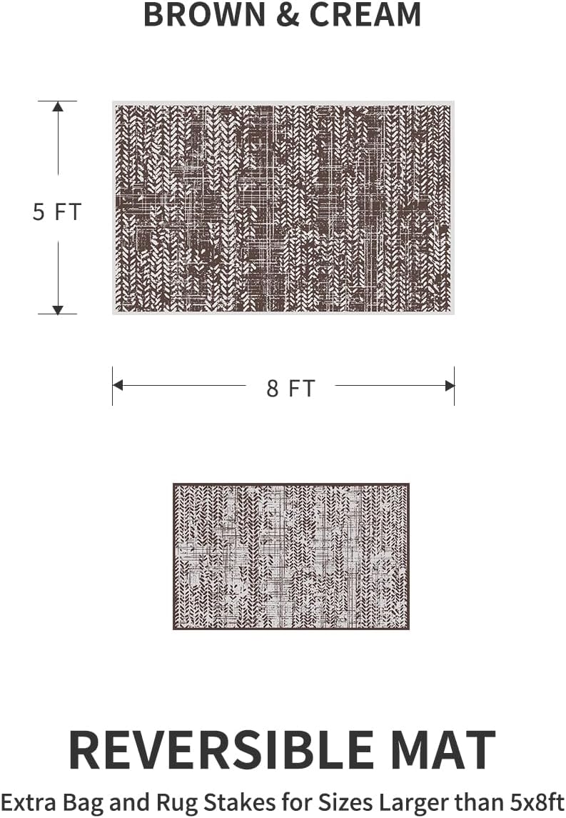 MontVoo Outdoor Rug Waterproof-Patio Rug Mat 5x8 Outdoor Carpet Reversible RV Camping Picnic Plastic Straw Rug Outside Outdoor Area Rug for Balcony Deck Backyard Patio Decor Boho Modern-Brown