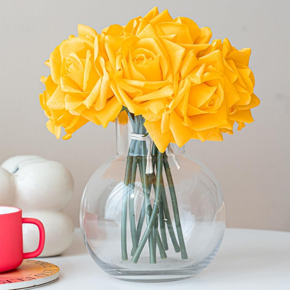 Artificial Roses Single Stem 10pcs Fake Silk Flower Arrangement Bouquet Real Touch for Home Party Wedding Decoration(Orange Yellow)