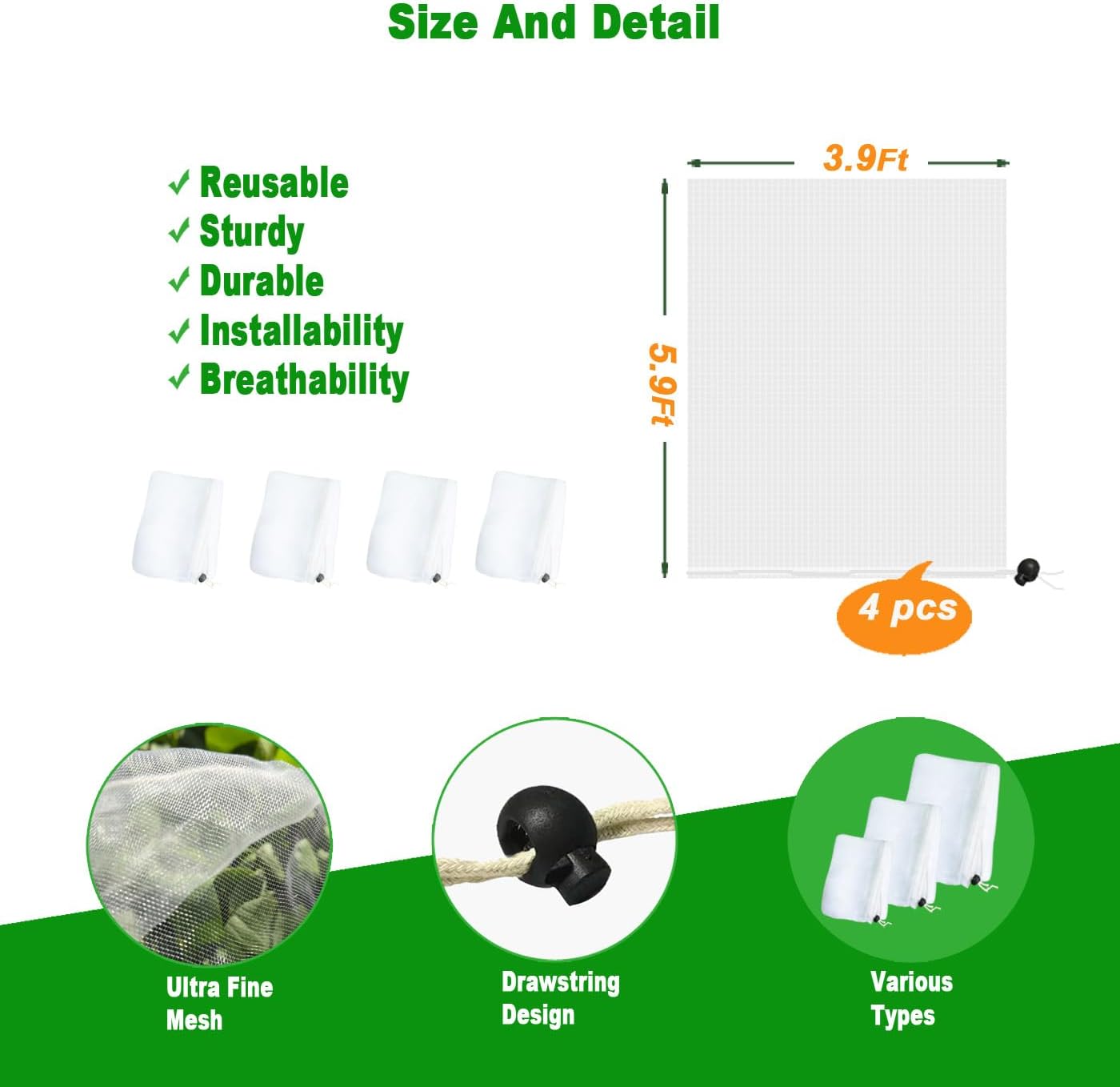 Garden Plant Covers Bags with Drawstring, 4 Pack,5.9x3.9Ft Mesh Plant Covers, Insect Bird Barrier Mesh, for Trees & Shrubs &Garden Plant Protection