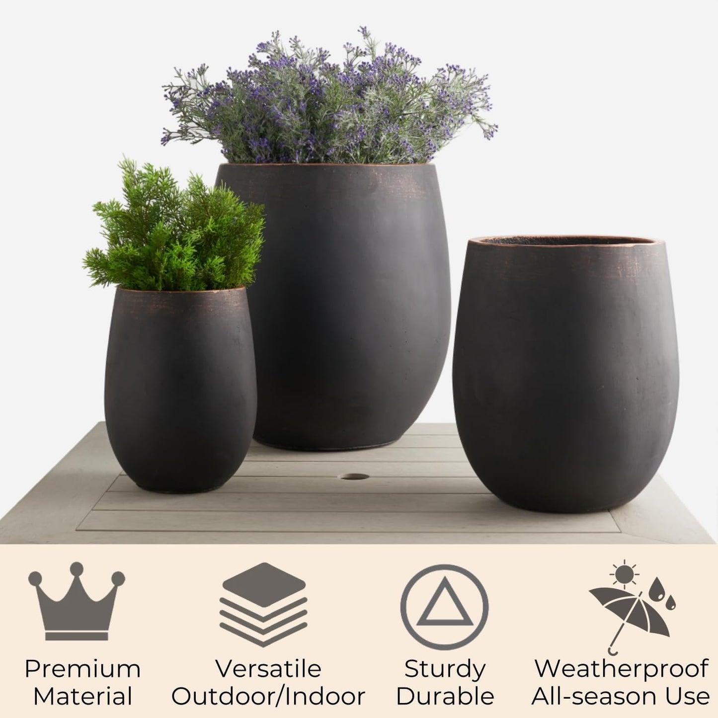 17.7"+13.3"+9.5" Dia Round Concrete Planter Set of 3, Large Outdoor Planter, Black with Gold Rim, Flower Pots with Drainage Holes for Garden, Patio, Home, Office