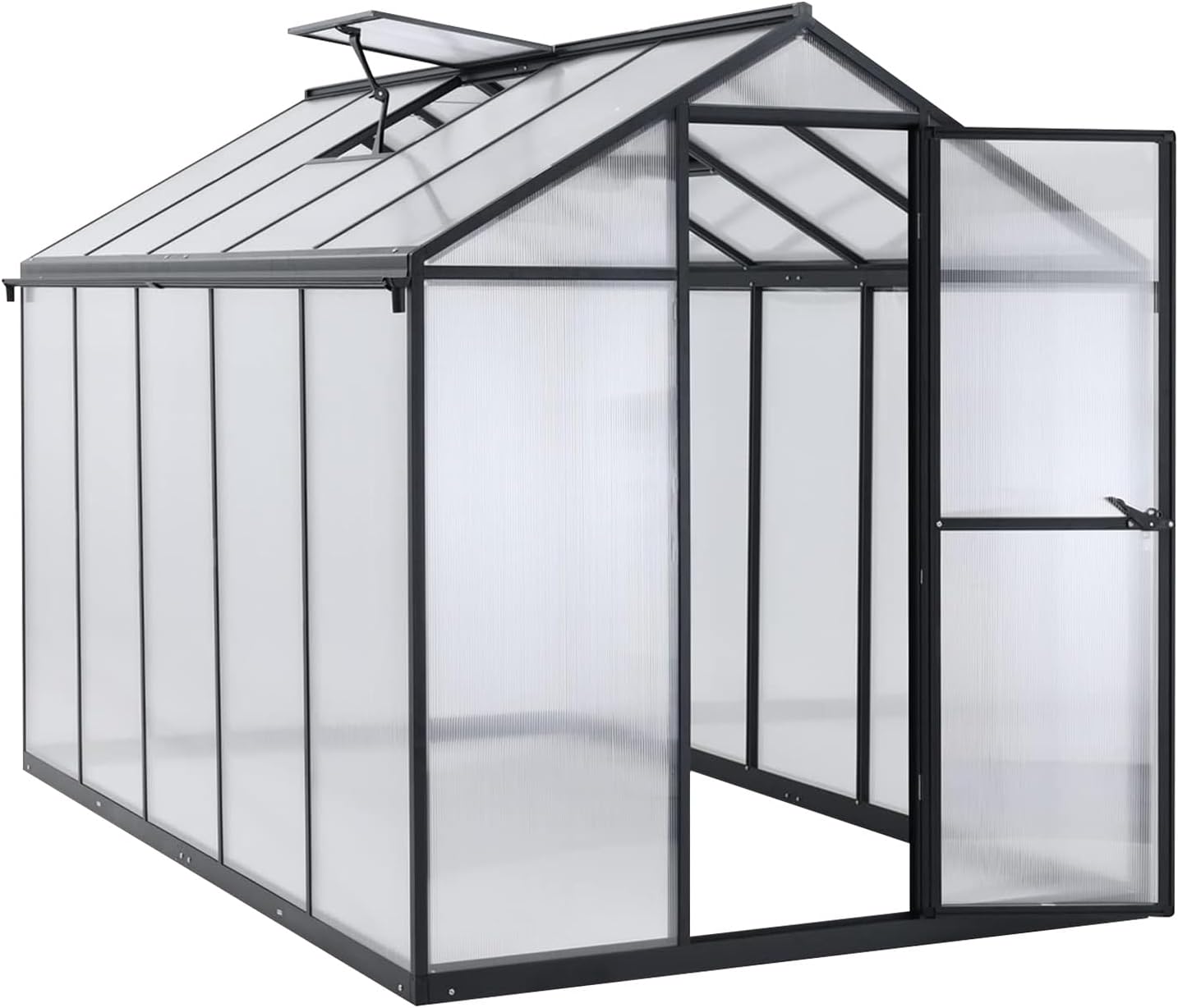 Aoodor 6 x 10 Ft Walk-in Greenhouse with Gutter, Polycarbonate and Heavy-Duty Aluminum Frame, Adjustment Skylight and Lockable 2-Sided Door for Patio, Outdoor, Yard, Lawn Use, Black